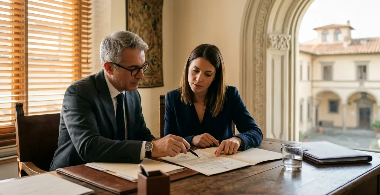 Professionisti immobiliari analizzano documenti in un ufficio moderno italiano