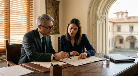 Professionisti immobiliari analizzano documenti in un ufficio moderno italiano