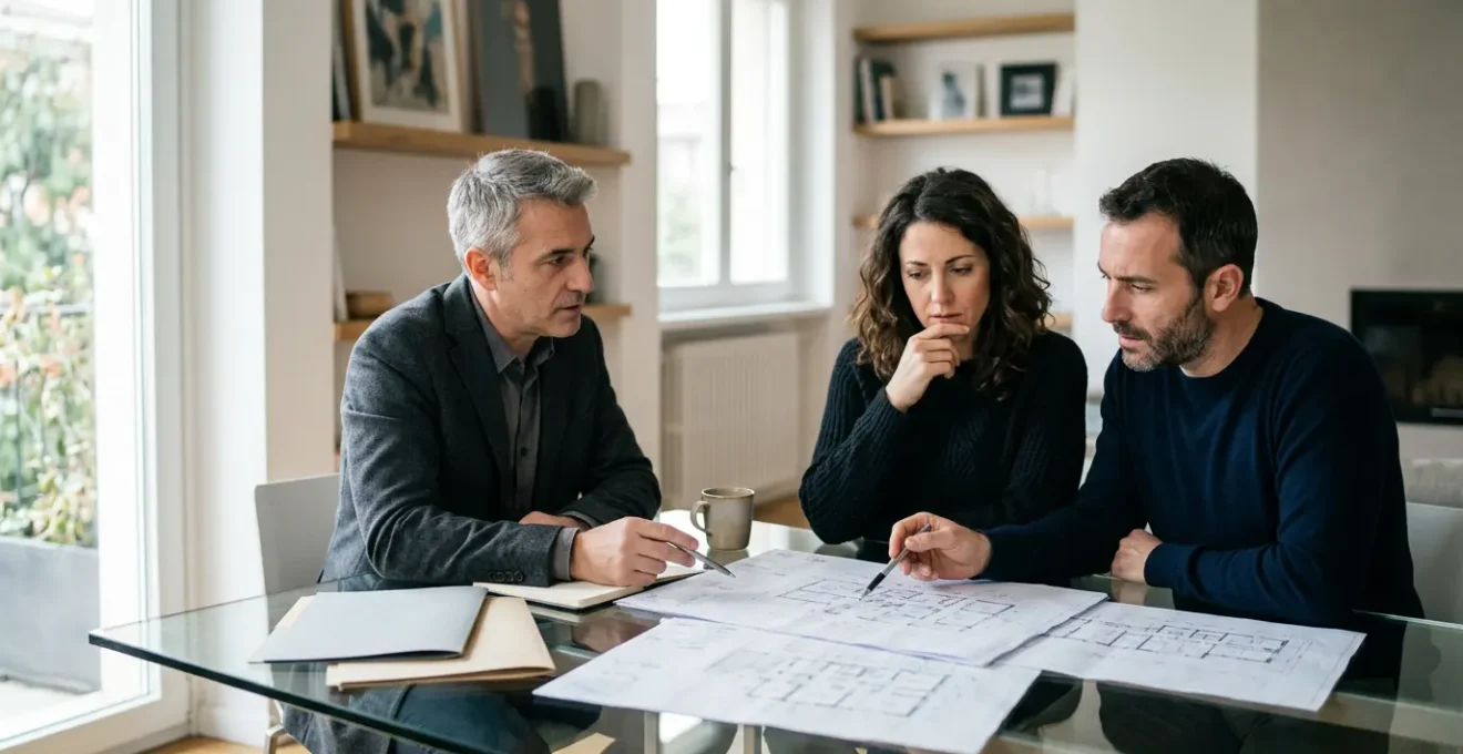 Coppia esamina documenti immobiliari con geometra in ambiente moderno