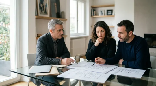 Coppia esamina documenti immobiliari con geometra in ambiente moderno