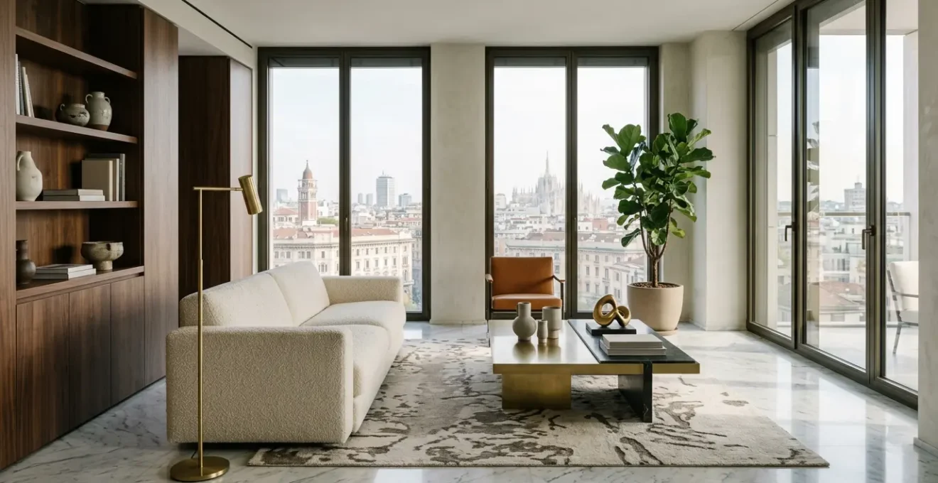 Vista elegante di un appartamento di lusso con finiture premium e dettagli in marmo
