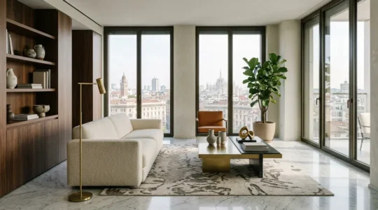 Vista elegante di un appartamento di lusso con finiture premium e dettagli in marmo
