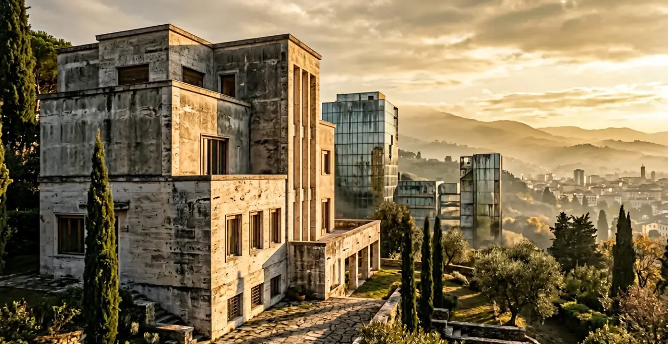 Villa razionalista italiana con dettagli architettonici senza tempo e materiali nobili