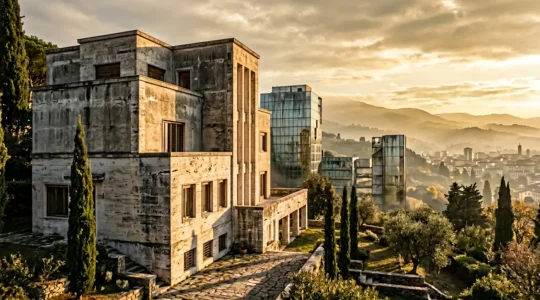 Villa razionalista italiana con dettagli architettonici senza tempo e materiali nobili