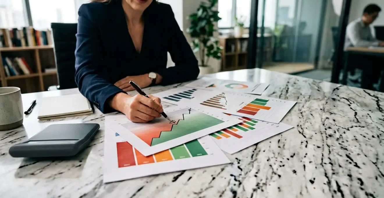 Professionista analizza report creditizio con grafici ascendenti e documenti finanziari su scrivania moderna