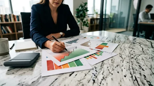 Professionista analizza report creditizio con grafici ascendenti e documenti finanziari su scrivania moderna
