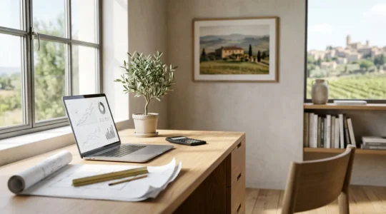 Pianificazione finanziaria con calcolatrice e documenti per il mutuo casa