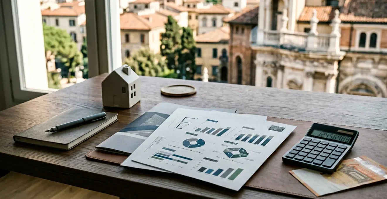 Scrivania con documenti fiscali immobiliari e calcolatrice per calcolo imposte