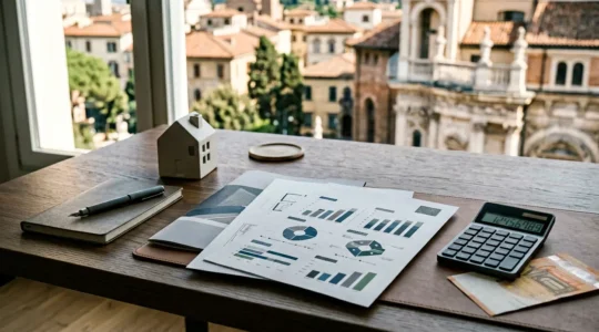 Scrivania con documenti fiscali immobiliari e calcolatrice per calcolo imposte