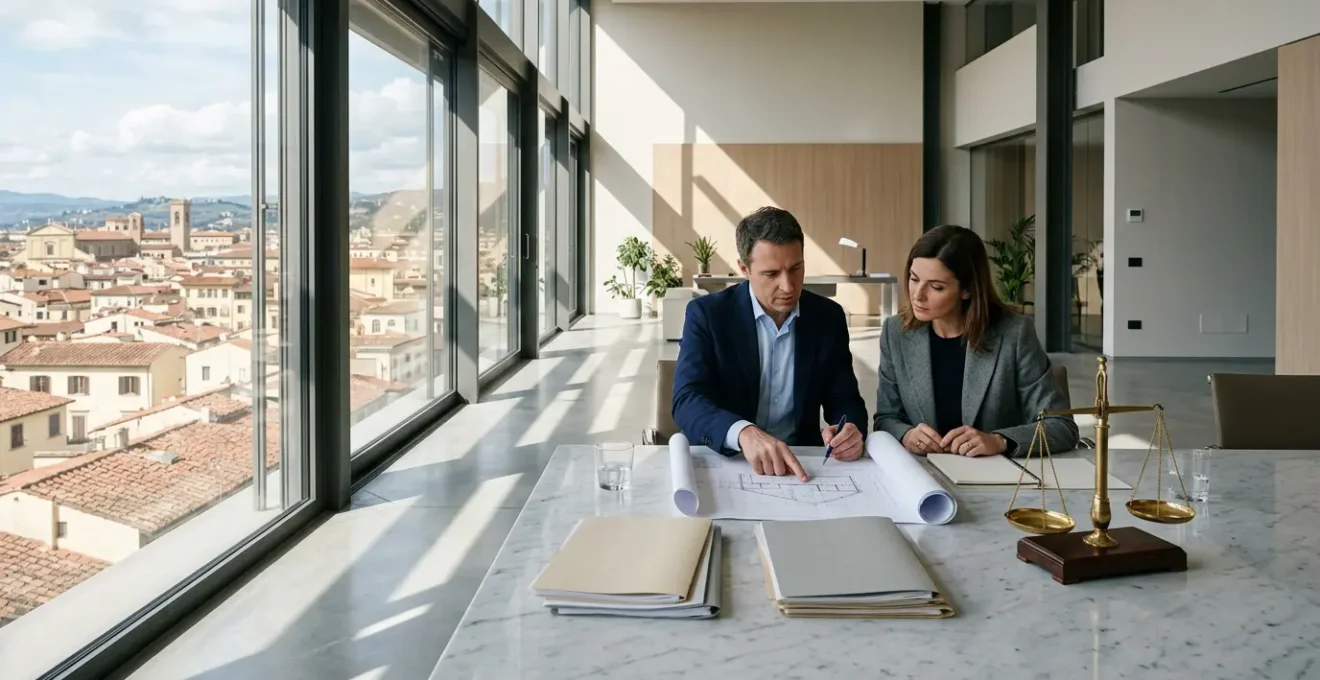 Professionisti immobiliari esaminano documenti normativi in un ufficio notarile moderno