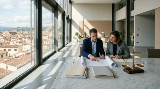 Professionisti immobiliari esaminano documenti normativi in un ufficio notarile moderno
