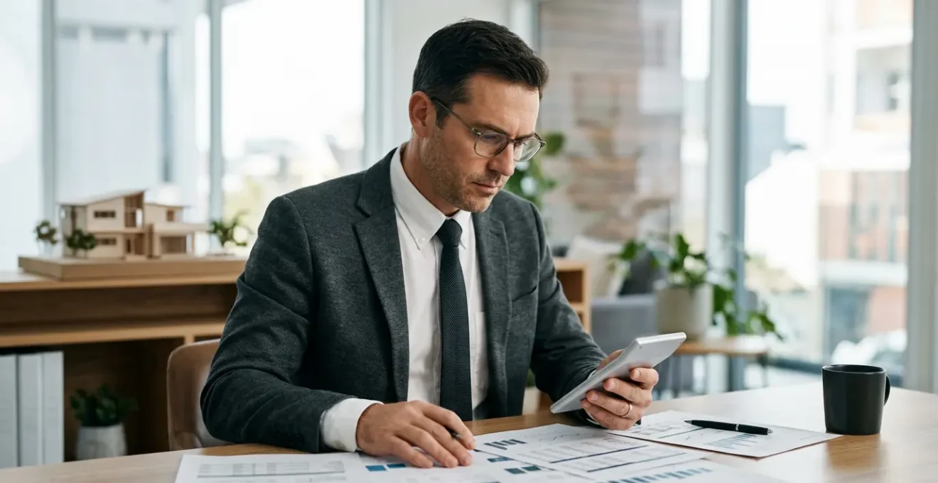 Consulente finanziario al lavoro con documenti di mutuo e calcolatrice in ambiente professionale