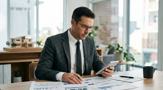 Consulente finanziario al lavoro con documenti di mutuo e calcolatrice in ambiente professionale