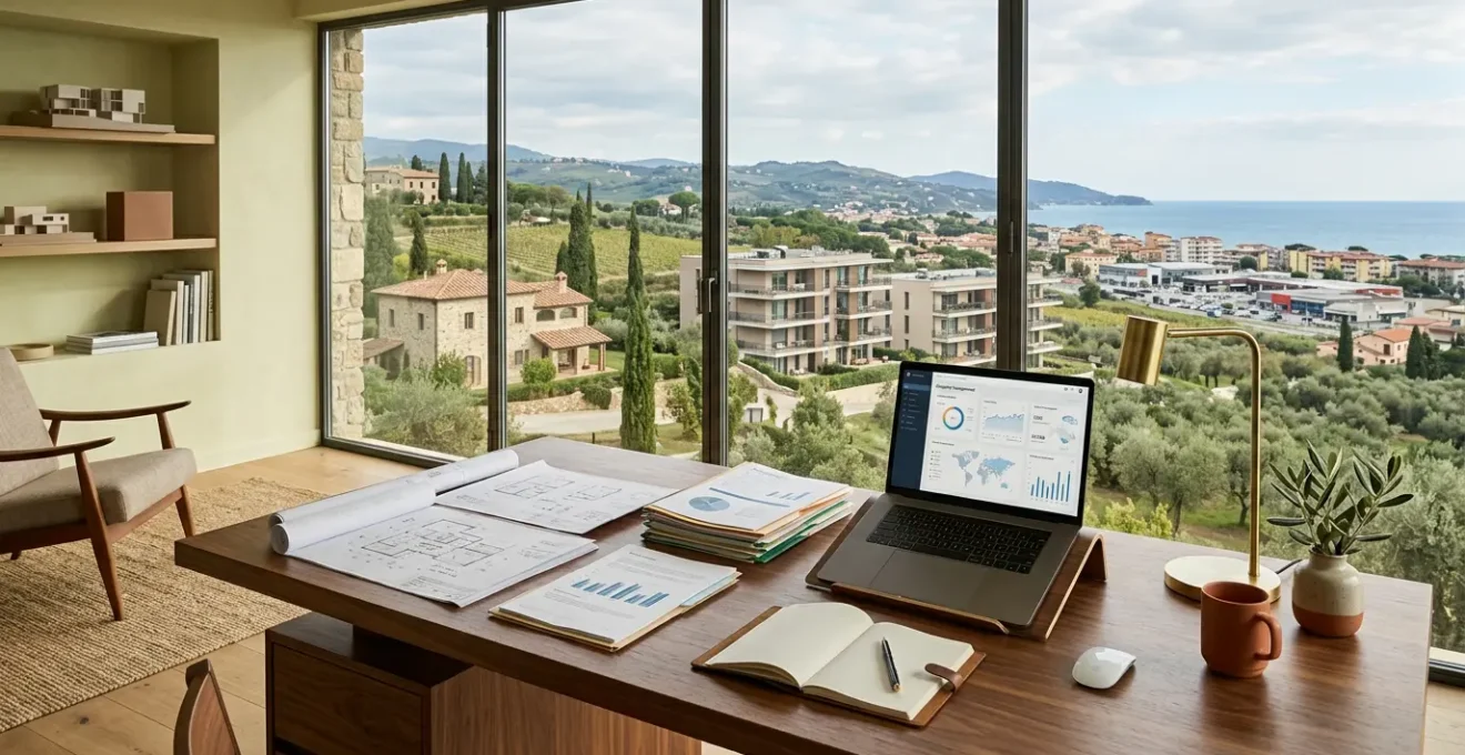 Vista panoramica di diversi immobili italiani con strumenti di gestione e analisi finanziaria