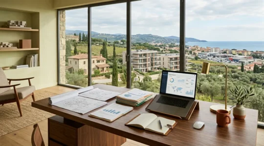 Vista panoramica di diversi immobili italiani con strumenti di gestione e analisi finanziaria
