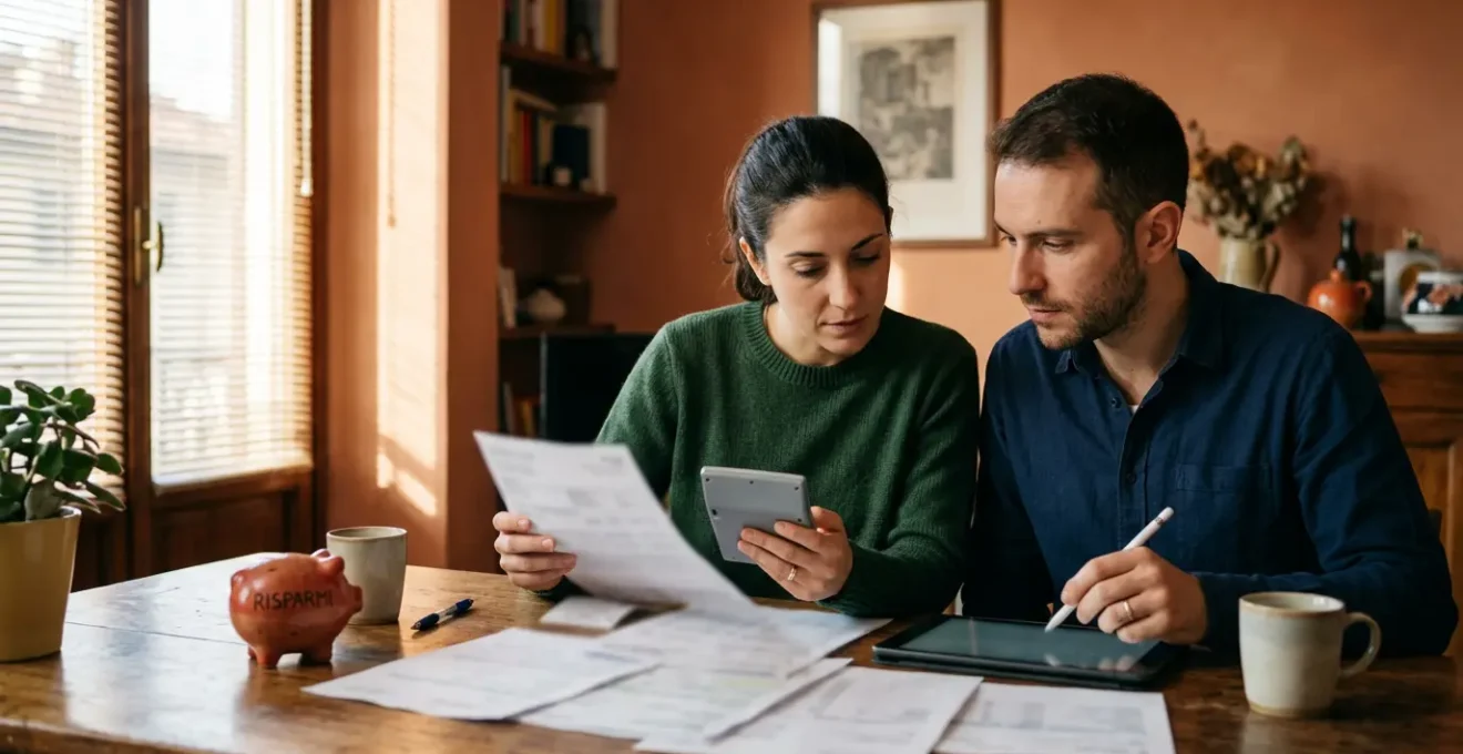 Famiglia che pianifica il budget domestico con calcolatrice e documenti per gestire la rata del mutuo