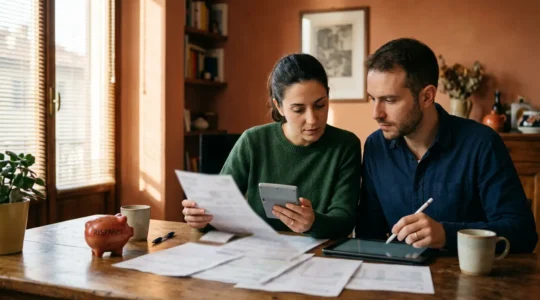 Famiglia che pianifica il budget domestico con calcolatrice e documenti per gestire la rata del mutuo