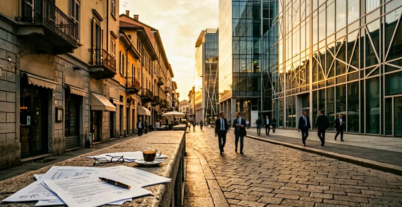 Contrasto tra moderni uffici e negozi tradizionali italiani con calcoli finanziari in primo piano