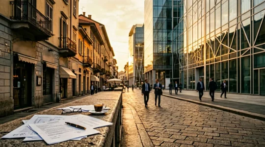 Contrasto tra moderni uffici e negozi tradizionali italiani con calcoli finanziari in primo piano