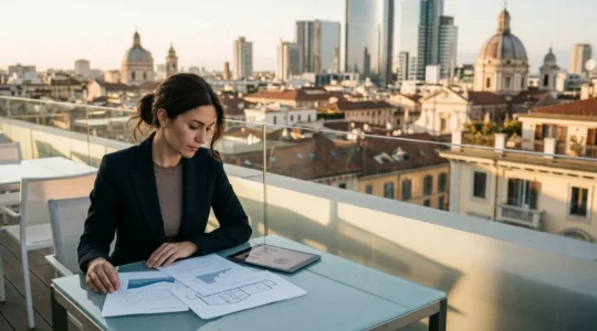 Investitore che analizza opportunità immobiliari italiane su tablet con skyline cittadino sullo sfondo