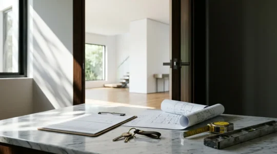 Ispezione tecnica di una casa prima dell'acquisto con documenti e chiavi