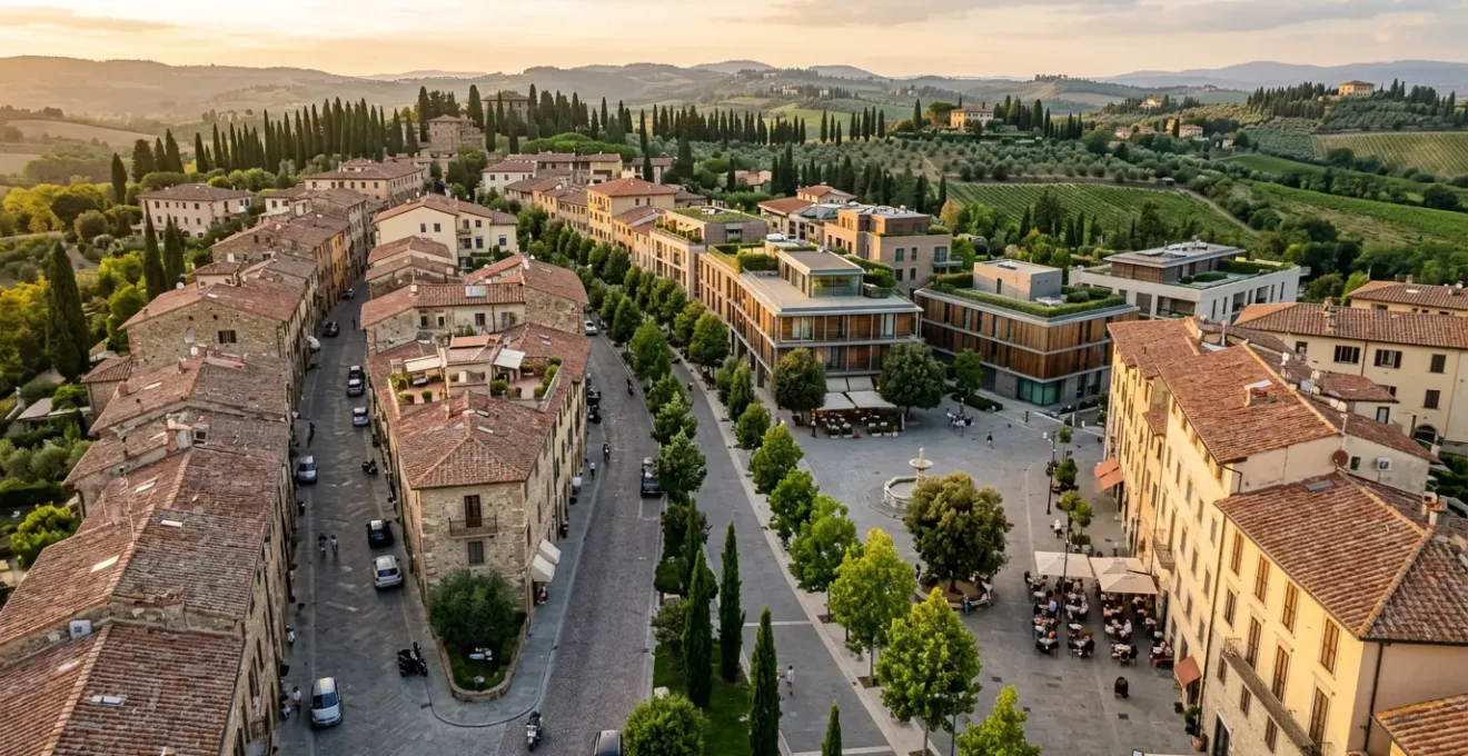 Vista aerea di un quartiere italiano premium con architettura storica e moderni servizi urbani
