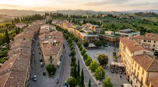 Vista aerea di un quartiere italiano premium con architettura storica e moderni servizi urbani