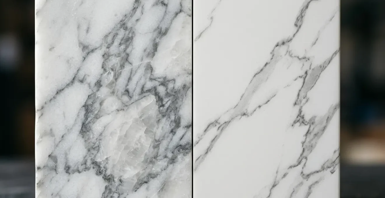 Confronto ravvicinato tra marmo di Carrara autentico e imitazione sintetica