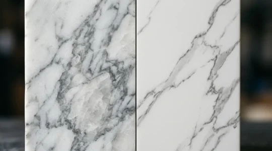 Confronto ravvicinato tra marmo di Carrara autentico e imitazione sintetica