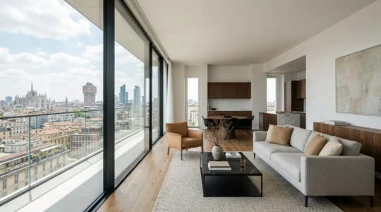 Elegante appartamento italiano con vista panoramica su città storica, interni moderni e luminosi ideali per locazione di alto rendimento
