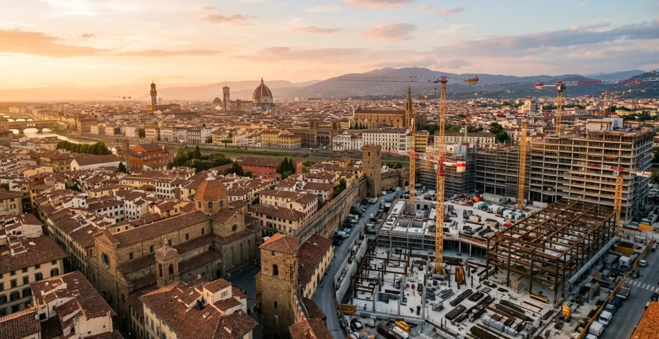Vista panoramica di skyline urbano italiano con gru edili e edifici storici in contrasto con moderni grattacieli