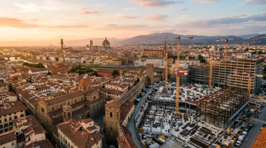 Vista panoramica di skyline urbano italiano con gru edili e edifici storici in contrasto con moderni grattacieli