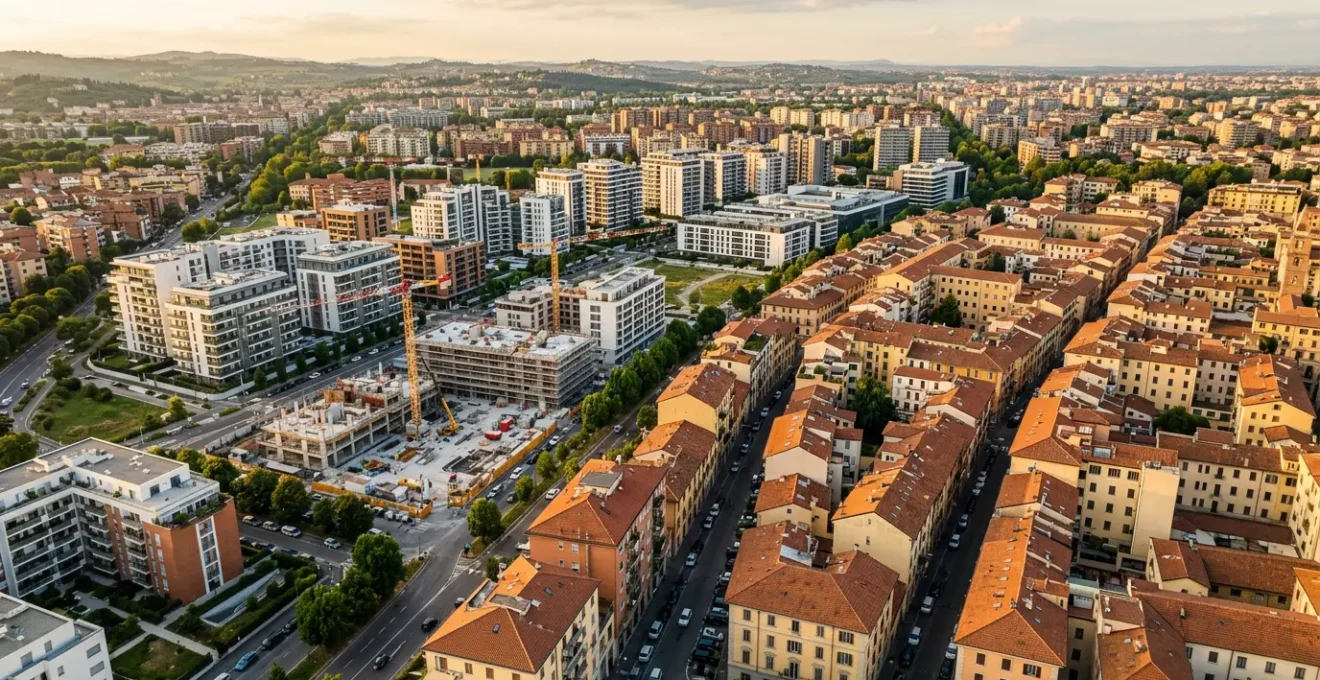 Vista panoramica di un portafoglio immobiliare diversificato con edifici residenziali e commerciali italiani