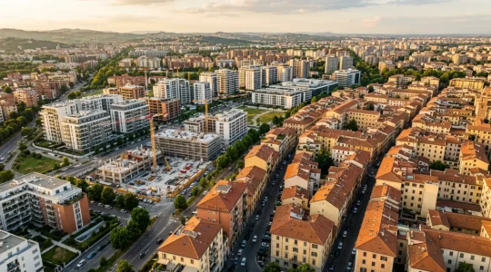 Vista panoramica di un portafoglio immobiliare diversificato con edifici residenziali e commerciali italiani