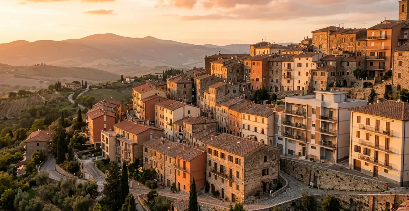 Vista panoramica di moderni edifici residenziali italiani con architettura diversificata al tramonto