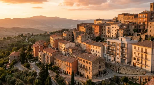 Vista panoramica di moderni edifici residenziali italiani con architettura diversificata al tramonto