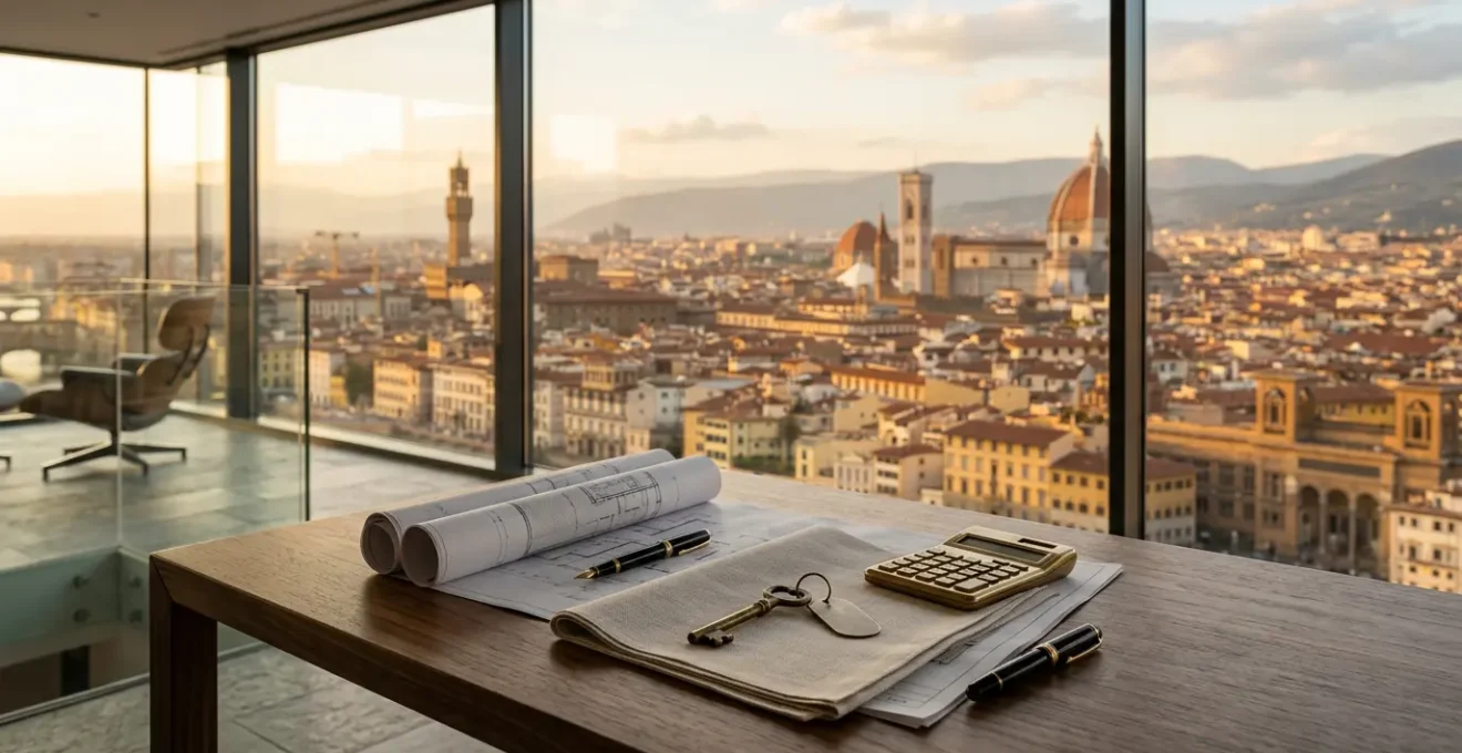 Vista panoramica di città italiana con documenti fiscali e calcolatrice su scrivania