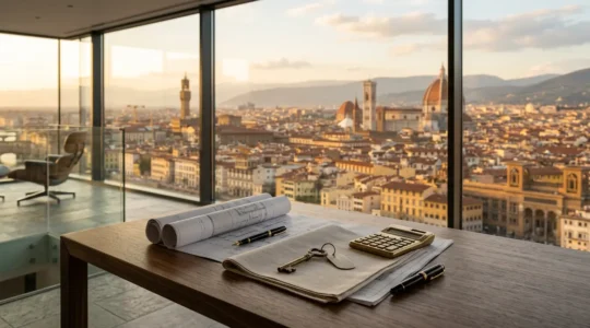 Vista panoramica di città italiana con documenti fiscali e calcolatrice su scrivania