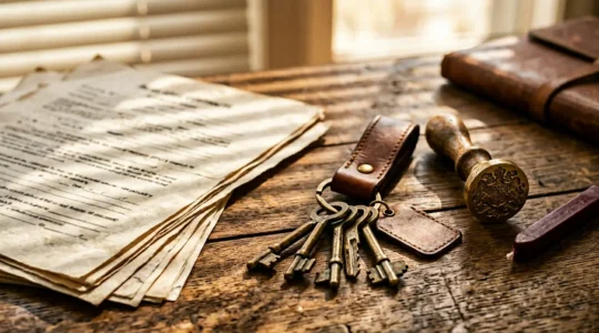 Documenti immobiliari e chiavi di casa su scrivania notarile