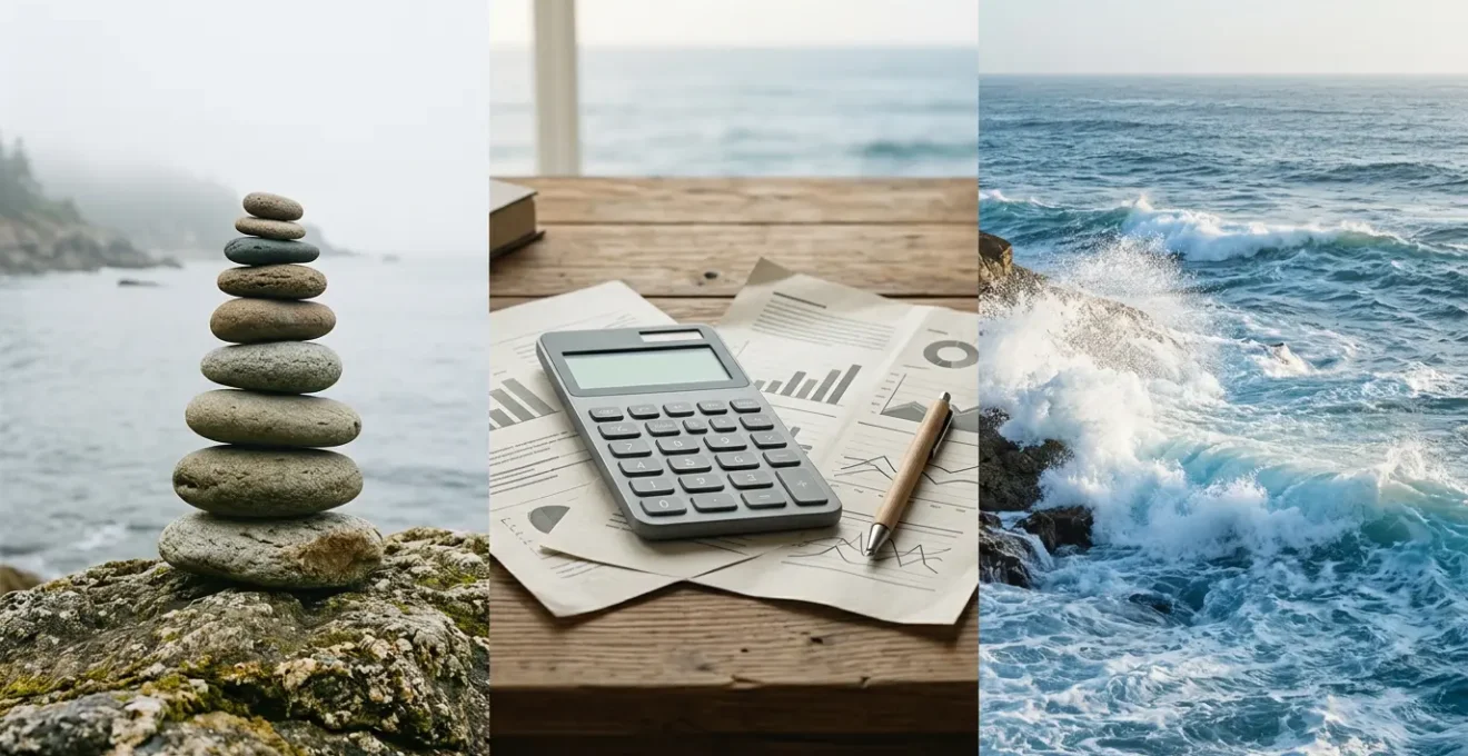 Persona che analizza documenti finanziari con grafici e calcolatrice su scrivania moderna