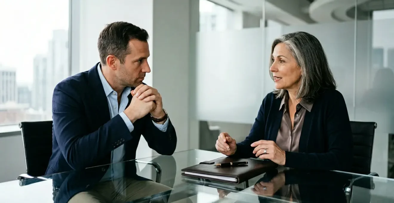 Negoziazione immobiliare tra acquirente e venditore con documenti e contratto