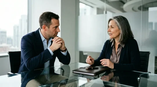 Negoziazione immobiliare tra acquirente e venditore con documenti e contratto