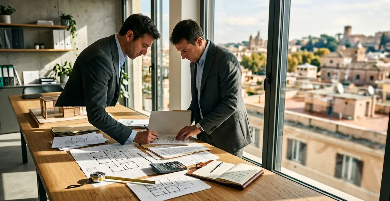 Professionista immobiliare analizza documenti di valutazione con calcolatrice e planimetrie
