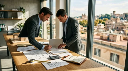 Professionista immobiliare analizza documenti di valutazione con calcolatrice e planimetrie