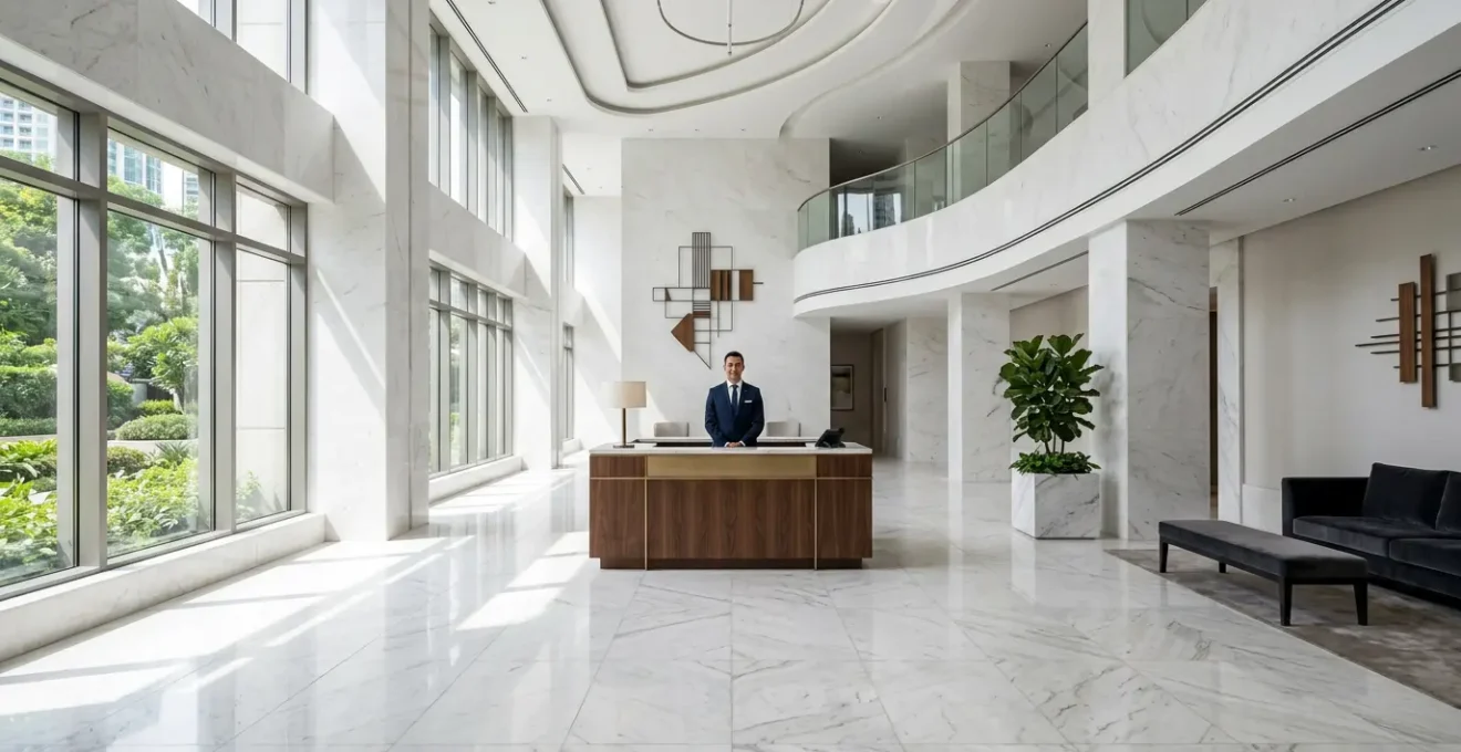Elegante atrio di residenza di lusso con concierge professionale
