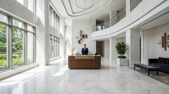 Elegante atrio di residenza di lusso con concierge professionale