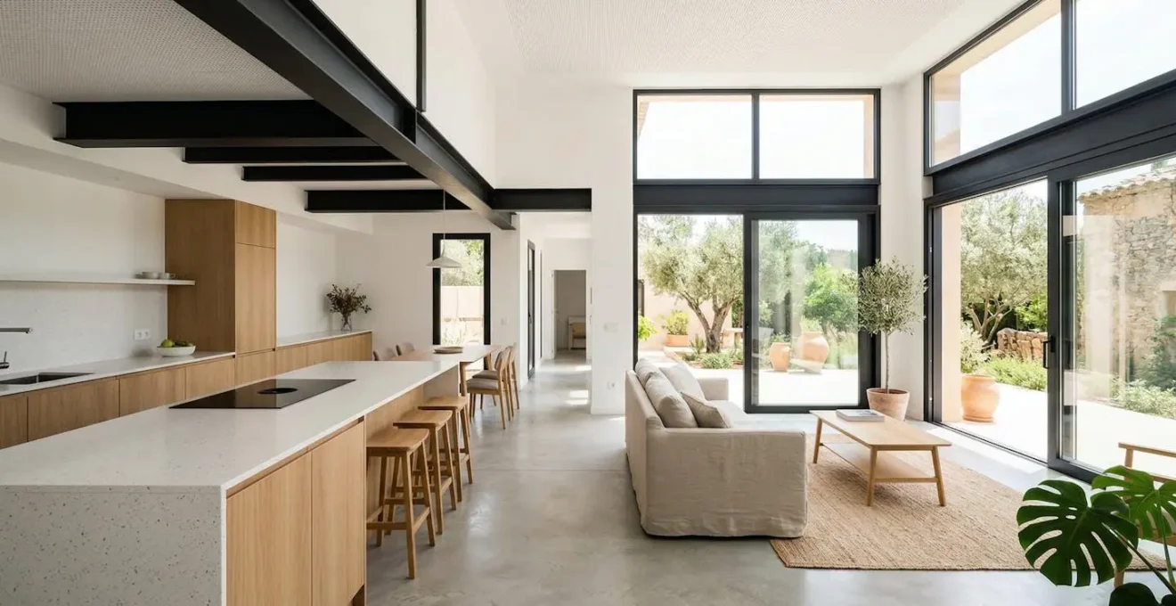 Vista ampia di un open space moderno in una villa ristrutturata con cucina e zona living integrate