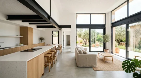 Vista ampia di un open space moderno in una villa ristrutturata con cucina e zona living integrate