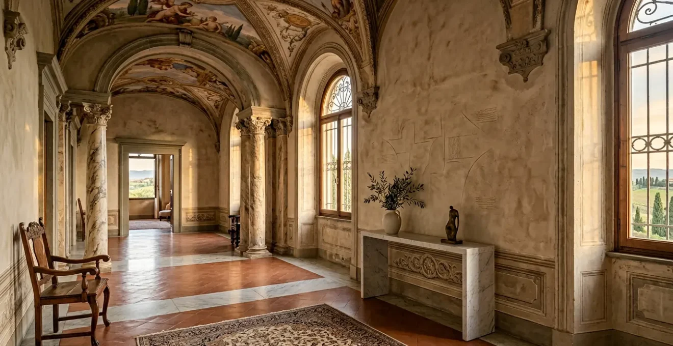 Vista elegante di villa italiana storica con integrazione domotica invisibile