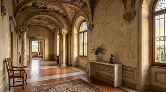 Vista elegante di villa italiana storica con integrazione domotica invisibile